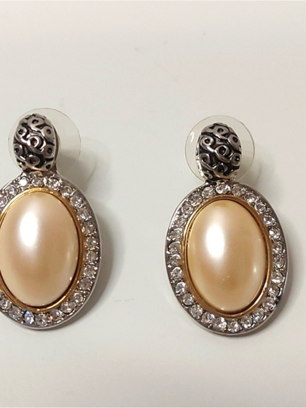 Classic Pearl Oval Drop Earrings in Champagne and Silver